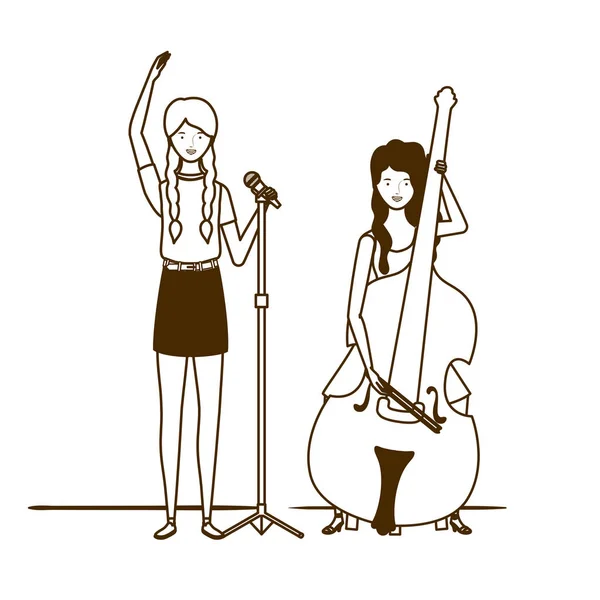 Silueta de mujeres con instrumentos musicales sobre fondo blanco — Vector de stock