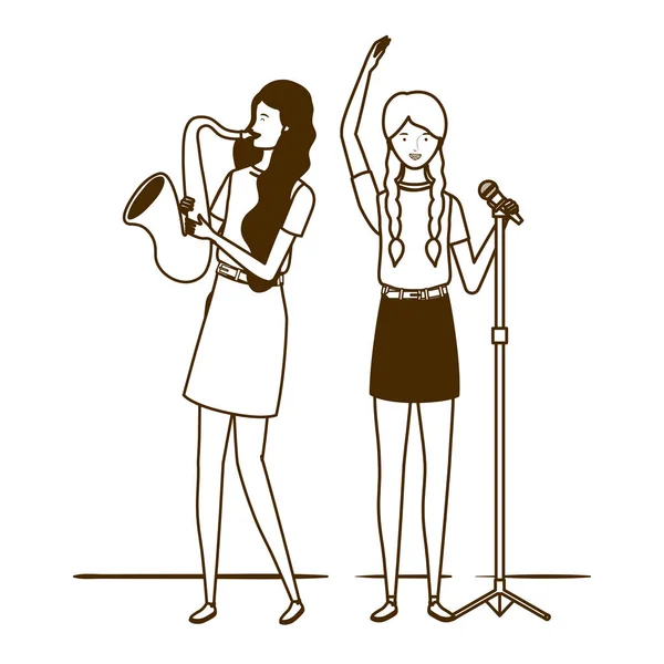 Silhuett av kvinnor med musikaler instrument på vit bakgrund — Stock vektor
