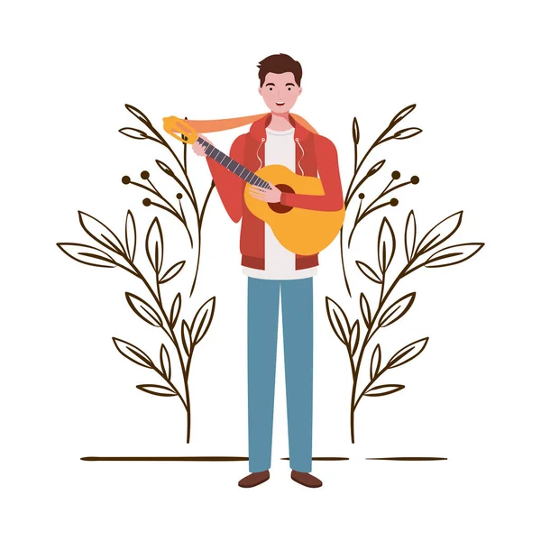 Homem com guitarra acústica e ramos e folhas no fundo — Vetor de Stock