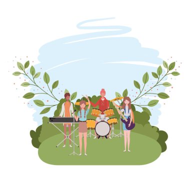 müzik aletleri ve arka plan manzara ile kadınlar