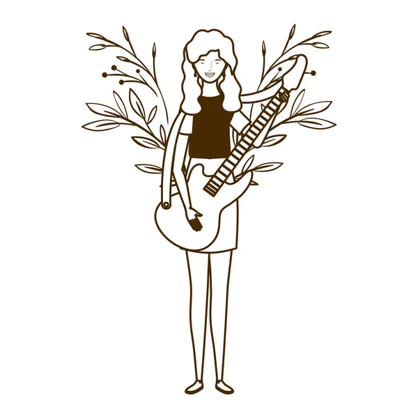 Silueta de mujer con guitarra eléctrica sobre fondo blanco — Vector de stock