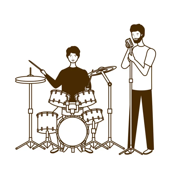 Silhouet van mannen met musicals instrumenten op witte achtergrond — Stockvector