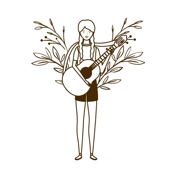 Silhueta de mulher com guitarra acústica sobre fundo branco — Vetor de Stock