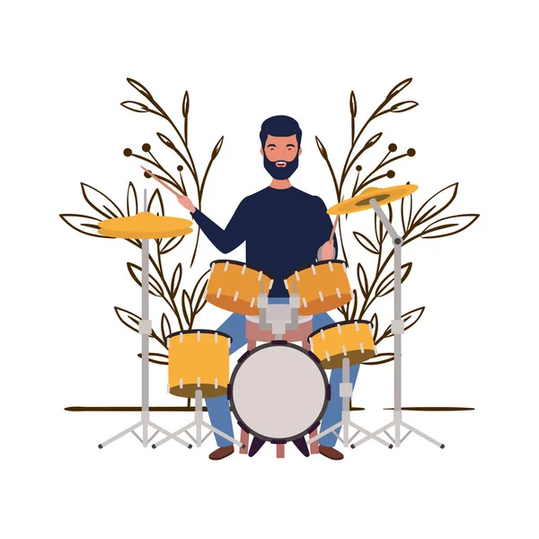 Man with drum kit and branches and leaves in the background — Stock Vector