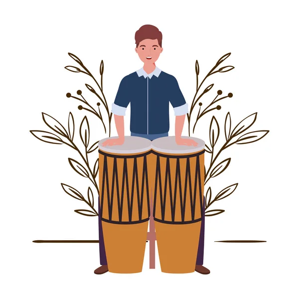 Homme avec congas et branches et feuilles en arrière-plan — Image vectorielle