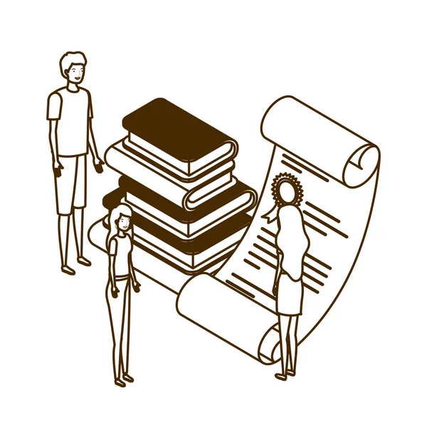 Homme avec écran smartphone et empiler des livres sur fond blanc — Image vectorielle