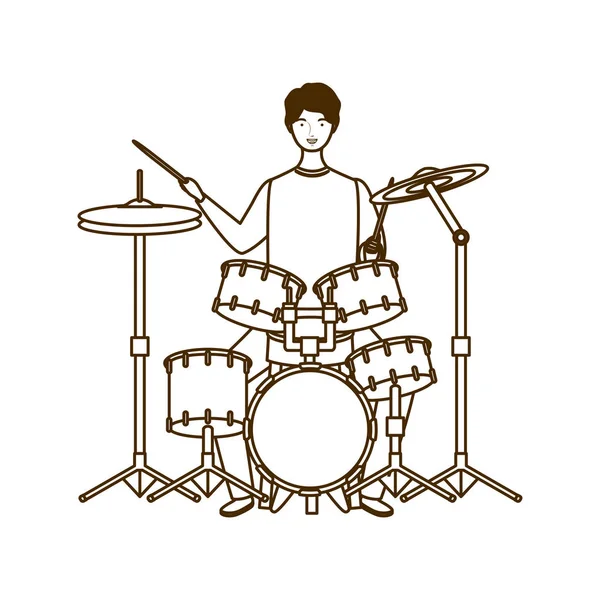 Silhouette uomo con drum kit su sfondo bianco — Vettoriale Stock