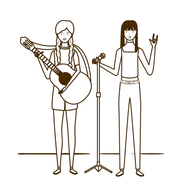 Silueta de mujeres con instrumentos musicales sobre fondo blanco — Vector de stock