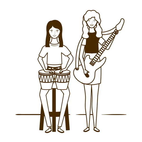 Silhouette de femmes avec instruments de musique sur fond blanc — Image vectorielle