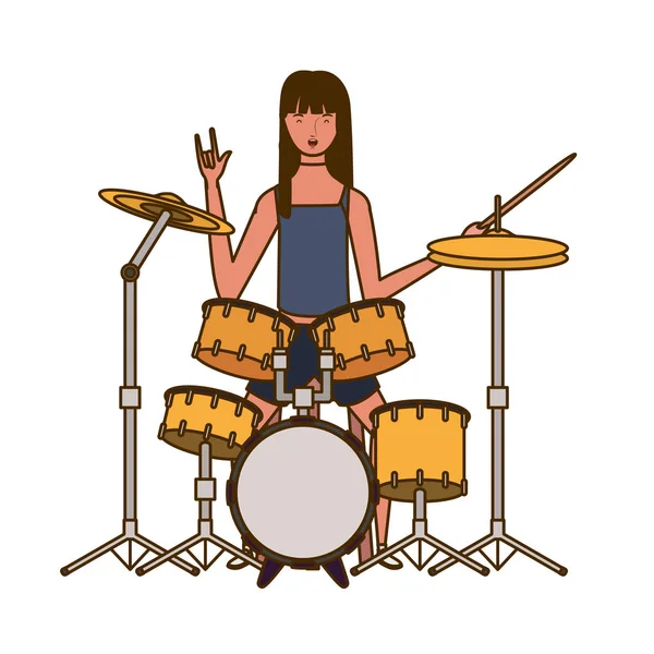 Young woman with drum kit on white background — Stock Vector