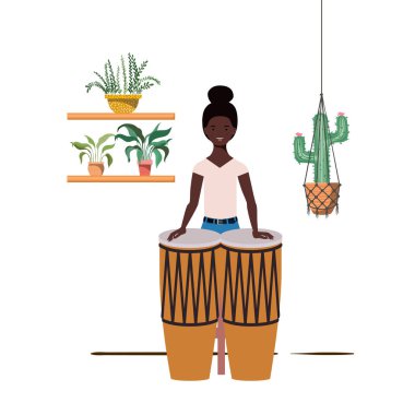 woman with congas and houseplants on macrame hangers of background clipart