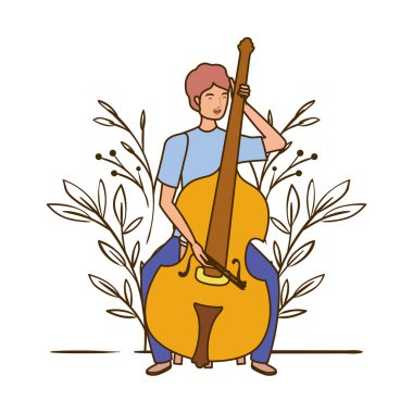 keman ve dalları ve arka planda yaprakları ile adam