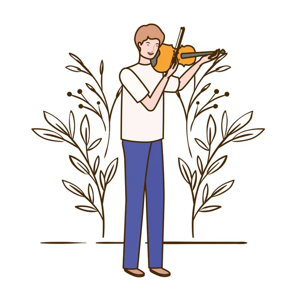 Man with fiddle and branches and leaves in the background — Stock Vector