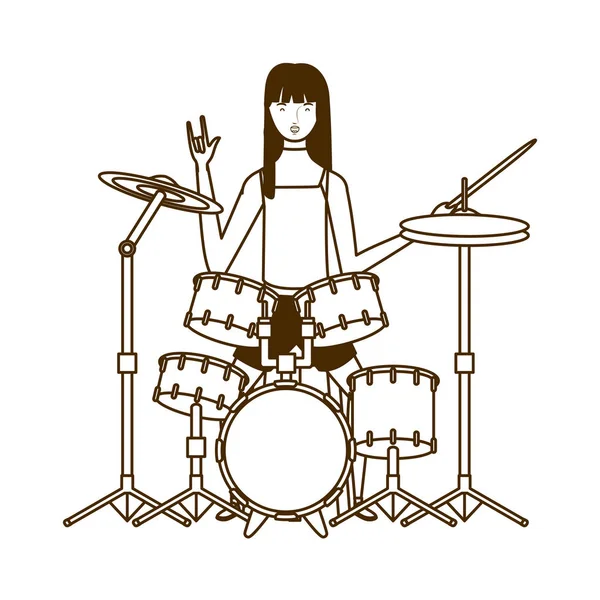 Silhouette of woman with drum kit on white background — Stock Vector
