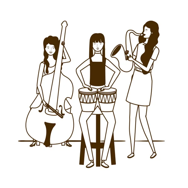 Силуэт женщин с музыкальными инструментами на белом фоне — стоковый вектор