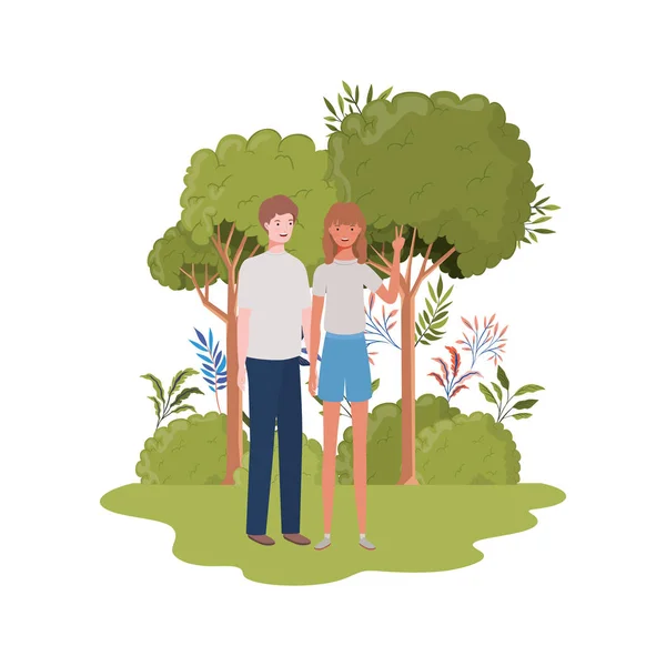 Pareja de personas de pie con el fondo del paisaje — Vector de stock