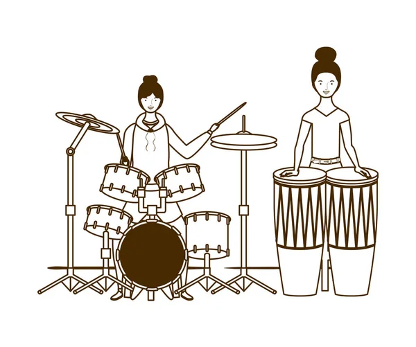 Silueta de mujeres con instrumentos musicales sobre fondo blanco — Vector de stock