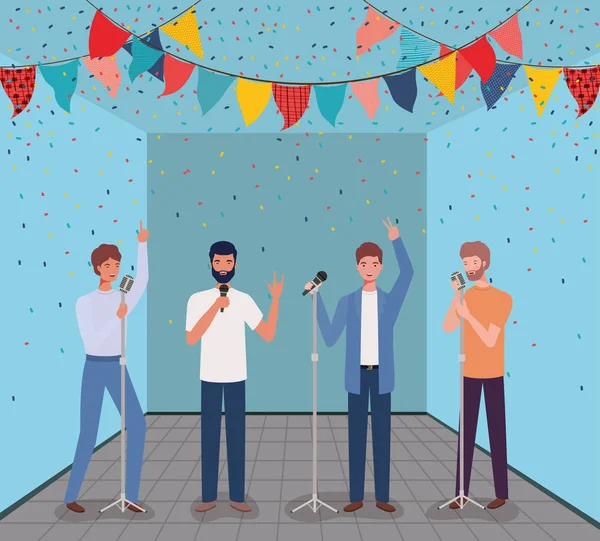 Hombres cantando con micrófonos en la habitación — Archivo Imágenes Vectoriales