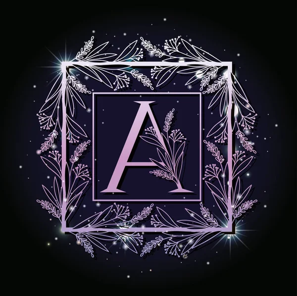 Letter A in vierkant frame met blaadjes — Stockvector