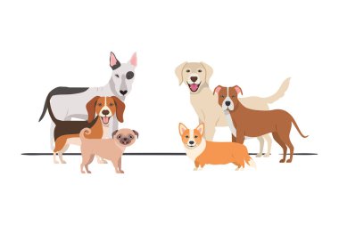 beyaz arka plan üzerinde sevimli köpeklerin seti