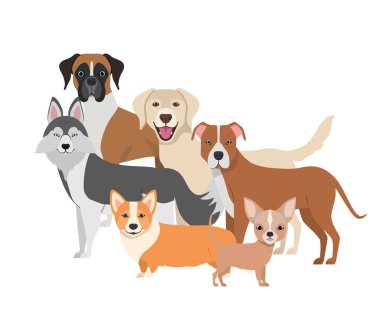 beyaz arka plan üzerinde sevimli köpeklerin seti