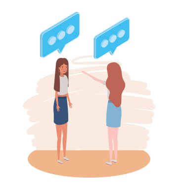 beyaz arka plan üzerinde konuşma balonu ile ayakta kadınlar