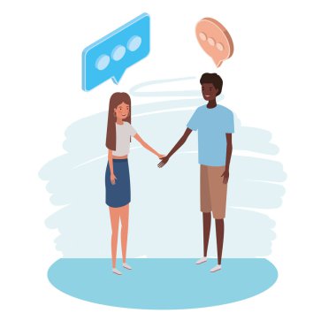 beyaz arka plan üzerinde konuşma balonu ile ayakta insanların çift