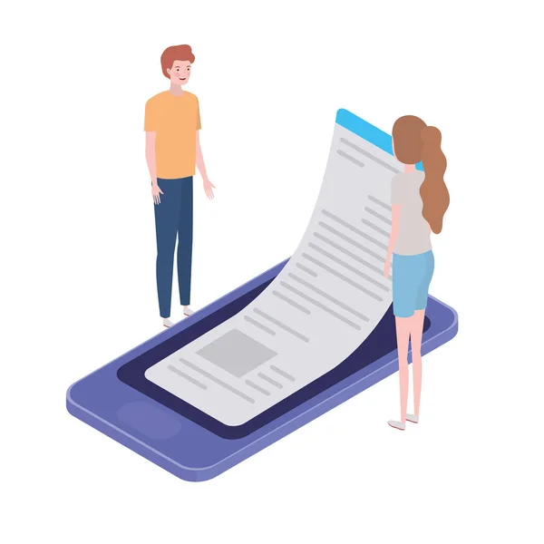 Δύο άτομα με οθόνη smartphone και φύλλα χαρτιού — Διανυσματικό Αρχείο