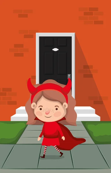 Niña con traje de diablo en el personaje de entrada de la casa — Archivo Imágenes Vectoriales
