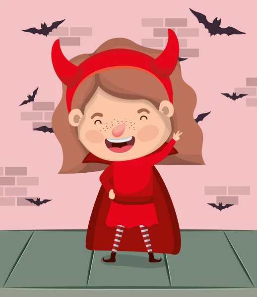 Niña con traje de diablo y murciélagos volando en la pared — Archivo Imágenes Vectoriales