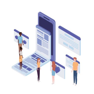 akıllı telefon ekranı ve kağıt sayfaları ile kişi grubu