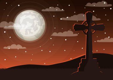 mezarlık ve çapraz mezar sahnesi ile cadılar bayramı kutlama kartı