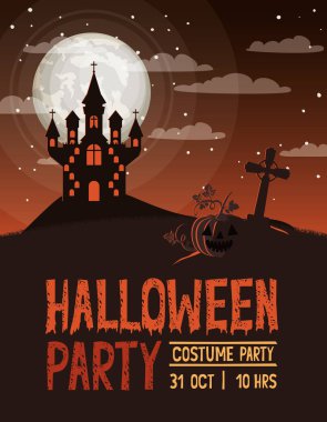 mezarlık ve kale sahnesi ile cadılar bayramı kutlama kartı