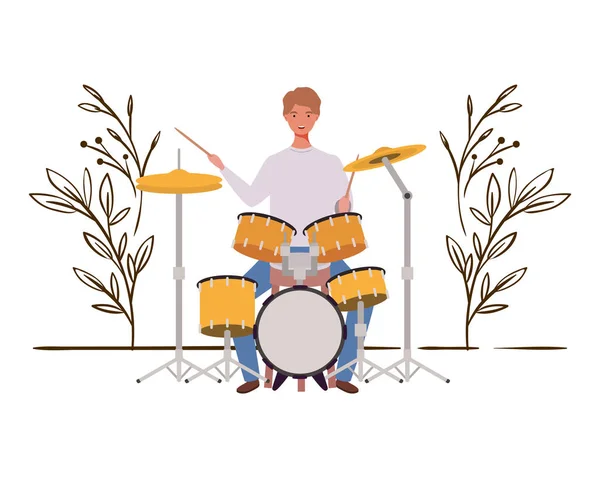 Man with drum kit and branches and leaves in the background — Stock Vector