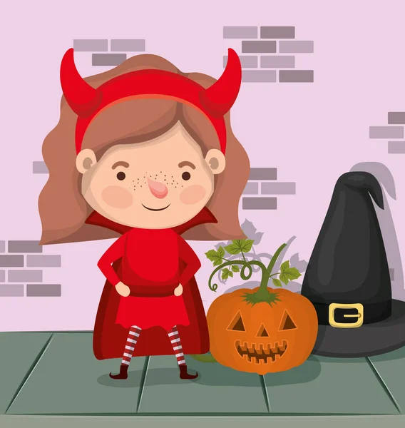 小女孩与魔鬼服装和女巫在墙上字符 — 图库矢量图片