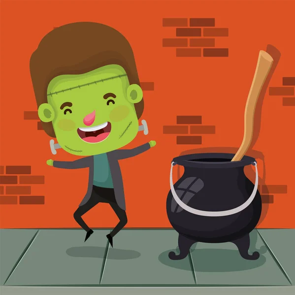 Niño pequeño con traje de Frankenstein y caldero de bruja — Vector de stock