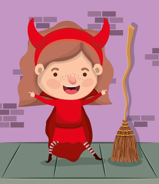 Niña con traje de diablo y escoba en personaje de pared — Archivo Imágenes Vectoriales