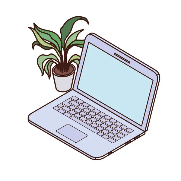 Laptop com planta de sala no fundo branco — Vetor de Stock