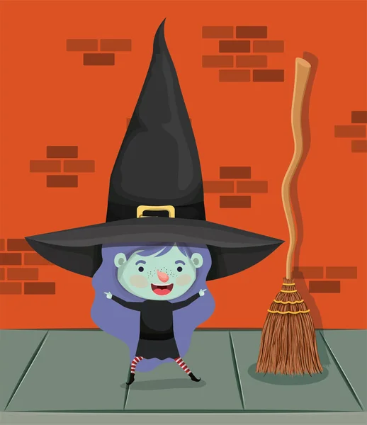 Menina com traje de bruxa na parede e vassoura — Vetor de Stock