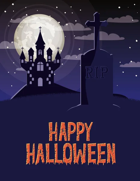 Tarjeta de celebración de Halloween con el cementerio y la escena del castillo — Vector de stock