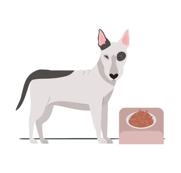 Perro con tazón y comida para mascotas sobre fondo blanco — Vector de stock