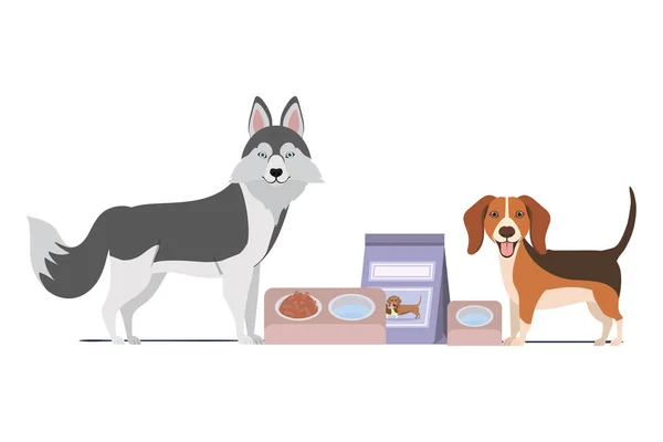 Chiens avec bol et nourriture pour animaux sur fond blanc — Image vectorielle