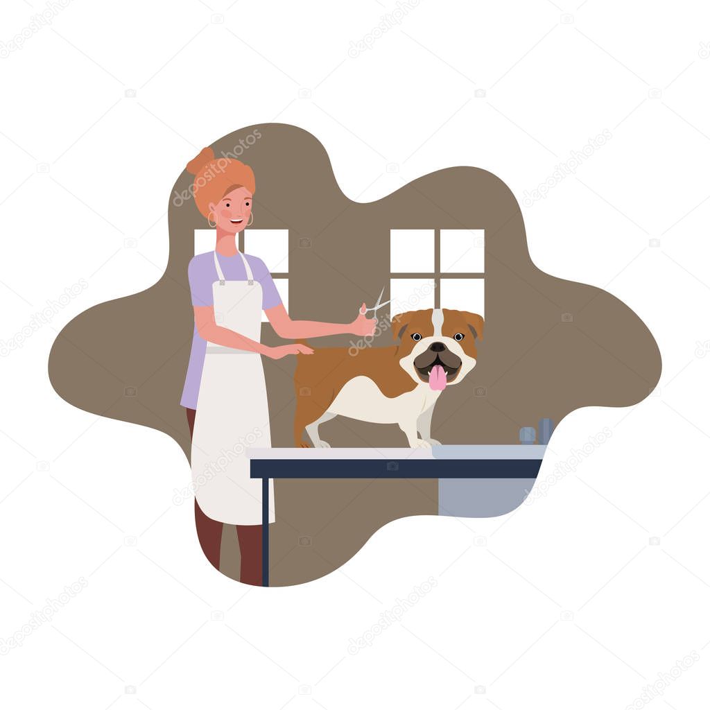 young woman with dog in pet groomer