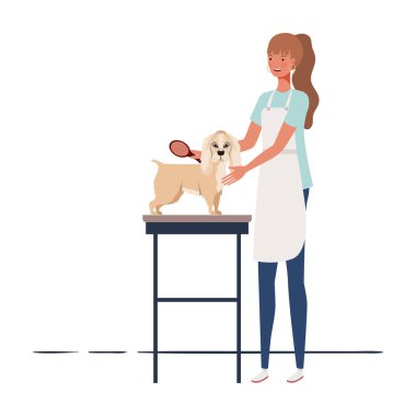 genç kadın evcil damat bir köpek tarama