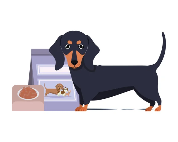 Perro con tazón y comida para mascotas sobre fondo blanco — Vector de stock