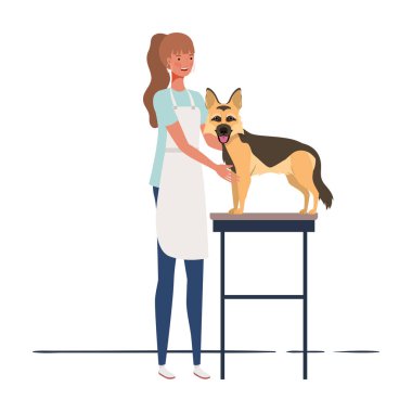 genç kadın evcil damat bir köpek tarama