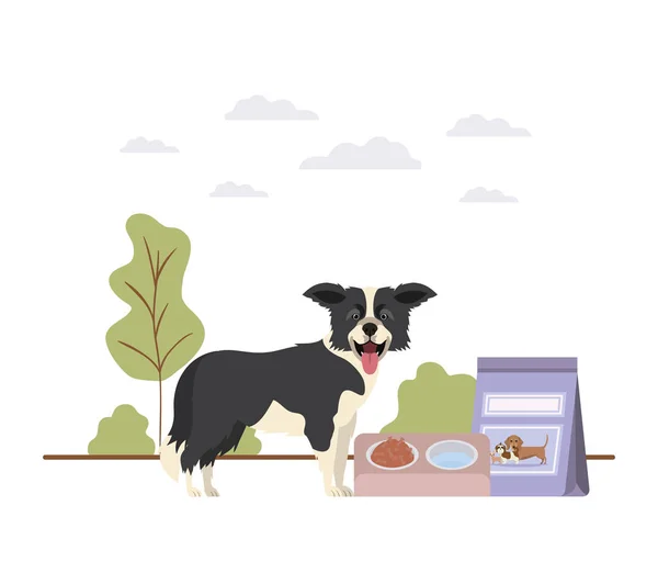 Perro con tazón y comida para mascotas en el paisaje — Vector de stock