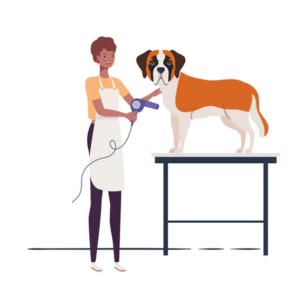 Mujer joven con perro en peluquero de mascotas — Vector de stock