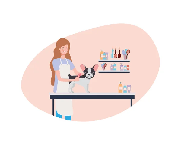 Young woman with dog in pet groomer — Stock Vector