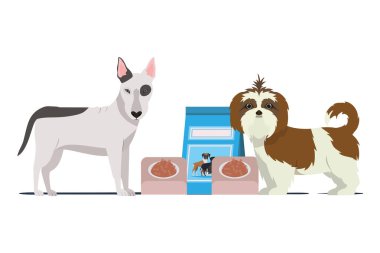 beyaz arka plan üzerinde kase ve evcil hayvan gıda ile köpekler